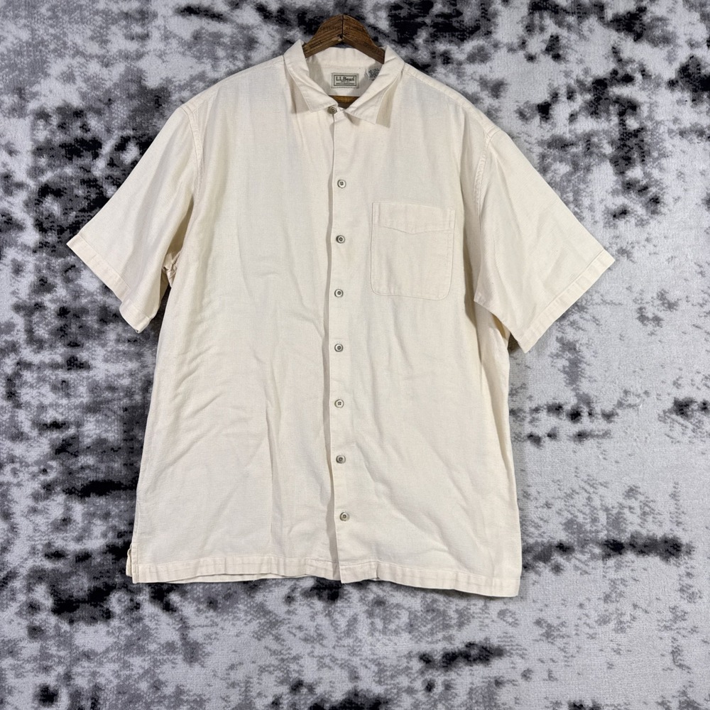 LL Bean Shirt Mens Size Large Tall Woven Pocket Button Down Yellow Summer Canvas